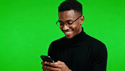 Happy African American man in glasses using smartphone on green screen. Smiling black man texting or browsing social media. Concept for mobile app, communication, technology, chromakey.