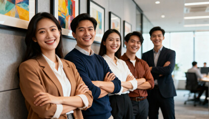 Happy businesspeople standing confidently against a white wall in modern casual attire, diverse team collaboration, office environment, success and teamwork concept