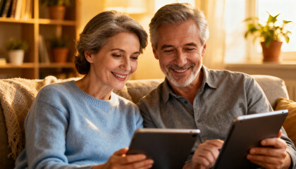 Happy mature senior couple on a video call using a digital tablet. Smiling elderly man and woman communicating with family online. Modern technology and long-distance connection concept.