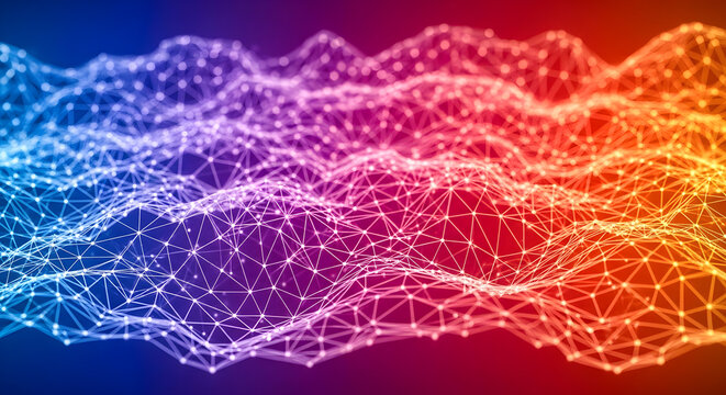 Abstract digital network mesh with glowing interconnected dots and lines, displaying a vibrant gradient of colors from blue to red, representing data or technology.