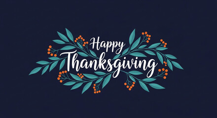 Thanksgiving greeting card featuring stylized teal leaves and orange berries, surrounding "Happy Thanksgiving" in elegant script.  Ideal for holiday banners or social media posts