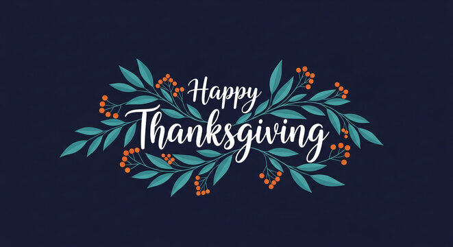 Thanksgiving greeting card featuring stylized teal leaves and orange berries, surrounding "Happy Thanksgiving" in elegant script.  Ideal for holiday banners or social media posts