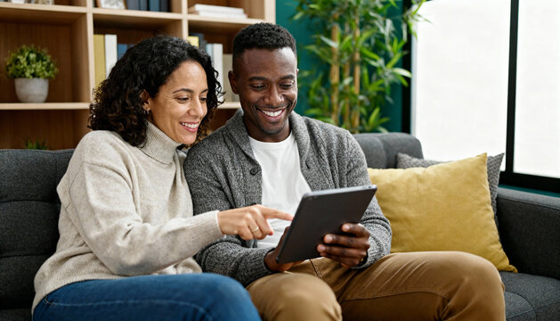 Happy multiethnic couple using a digital tablet together on the sofa. Smiling interracial mid-adult partners browsing the internet, online shopping, or planning their future at home.