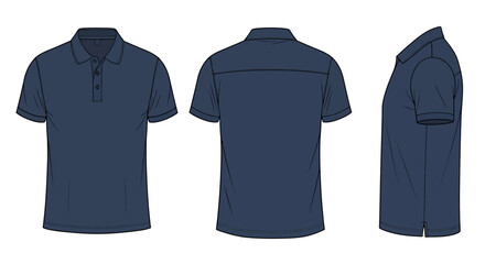 Blank navy blue polo shirt vector template for apparel design. Front, back, and side view