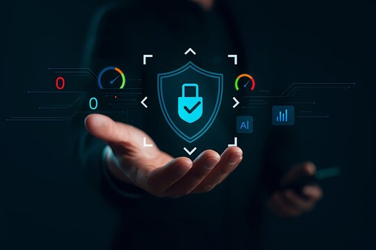 Business professional presenting AI-powered cybersecurity shield – concept of data protection, performance analytics, and secure digital systems