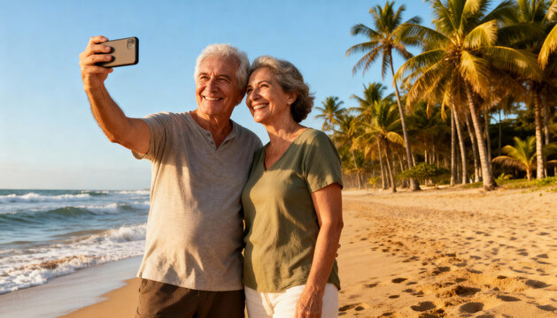 Happy senior couple taking a selfie on a tropical beach during vacation. Active retirement lifestyle. Elderly man and woman enjoying summer, love and togetherness by the sea.