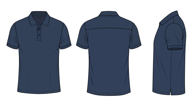 Blank navy blue polo shirt vector template for apparel design. Front, back, and side view