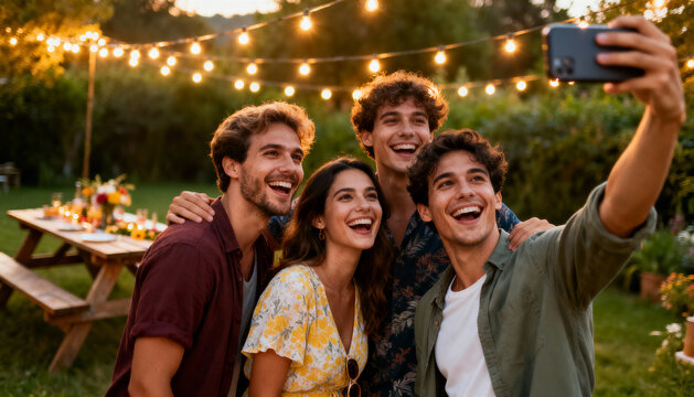 Happy friends taking a selfie at a garden party. A group of young people laughing and having fun outdoors. Summer celebration with multiethnic friends together. Lifestyle.