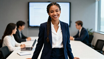 Confident African American businesswoman leader smiling in a modern office. Portrait of a successful female professional in a corporate meeting room with her team in a presentation.