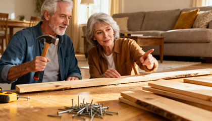Happy senior couple doing DIY home renovation project together. Active elderly man and woman planning carpentry work, building furniture with wood, hammer and nails in their house.