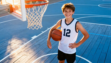 Teen basketball player with ball on a blue court at golden hour. Confident youth athlete smiling. Concept of sport, determination, healthy lifestyle, competition, success, and ambition.