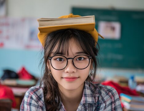 Asian girl immersed in a book, glasses perched on her nose, lost in knowledge and imagination, a modern student pursuing education, wisdom, and success