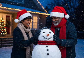 happy couple in christmas hats