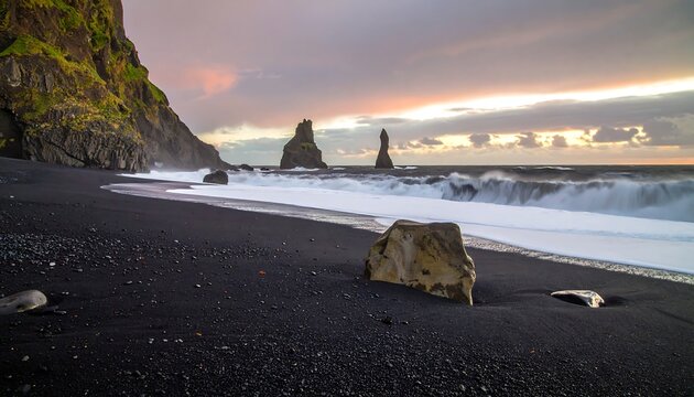 Dramatic coastal sunrise on a black sand beach