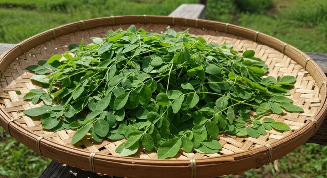 A pile of fresh green moringa leaves on a woven bamboo tray