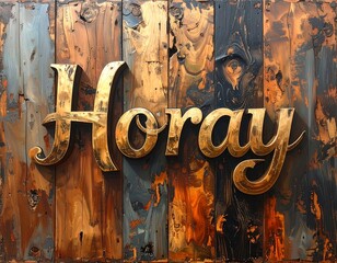 Gold script lettering on weathered wood