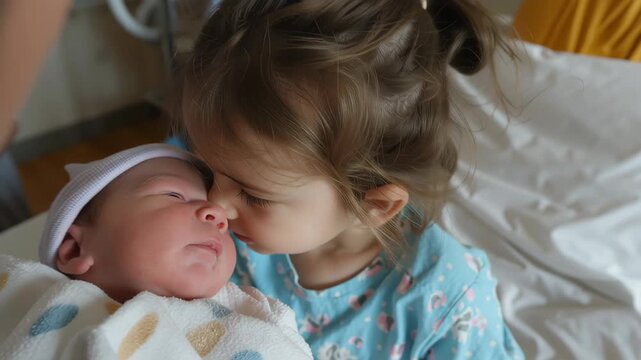 A newborn baby and infant wrapped in blanket with young girl sibling in hospital room, joyful child bonding, candid family scene, natural light