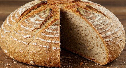 A rustic sourdough loaf cut in half resting on a wooden surface