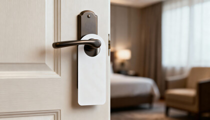 Blank door hanger mockup on hotel room door handle. Empty sign for do not disturb message. Concept for hospitality, privacy, service, and branding template for advertising.