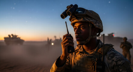 African American man soldier communicating with radio. Military operation battlefield scene at sunrise. Army patrol and defense concept.