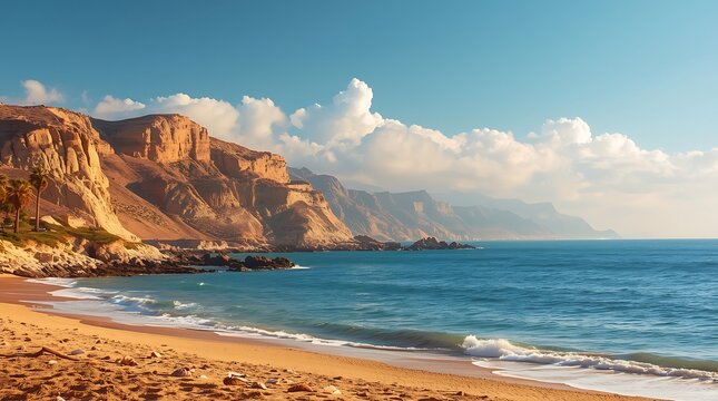 Golden hour light bathes rugged coastal cliffs overlooking a serene sandy beach and tranquil ocean