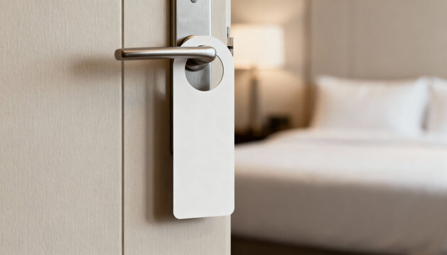 Blank door hanger mockup on a hotel room handle. Empty white sign for a do not disturb message. Concept for privacy, hospitality, travel, vacation, service and accommodation.