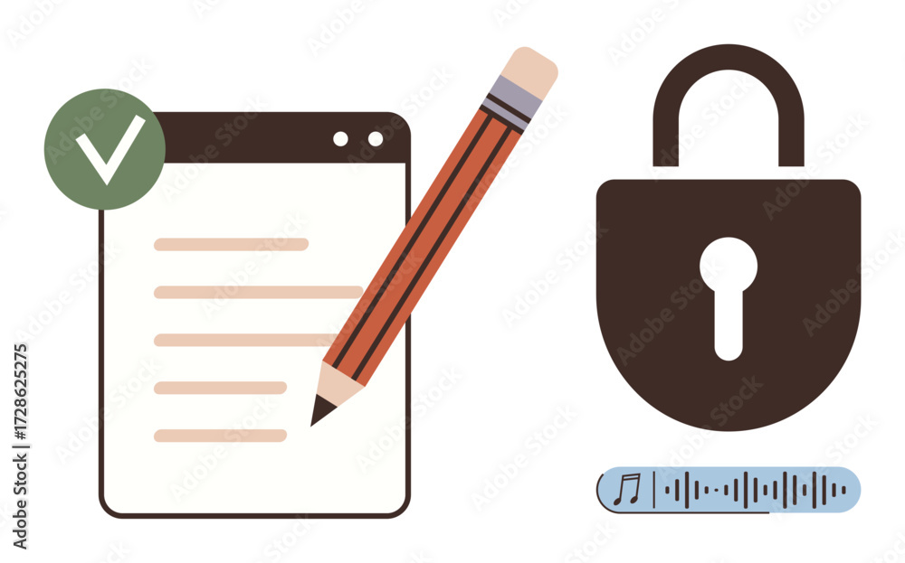 Aufkleber notebook with checkmark, pencil, padlock, and audio wave illustrating security, authentication, data
