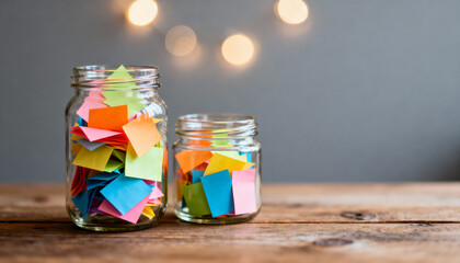 Glass jars filled with colorful paper notes for wishes, dreams, goals, or savings. A concept for a bucket list, ideas, memories, gratitude, or future plans and messages.