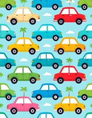 Fototapeta premium Colorful car pattern on a light blue background