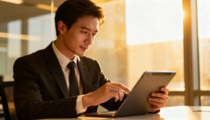 Confident Asian businessman working on digital tablet in modern office at sunset. Successful executive manager using technology for corporate business project. Financial analysis.
