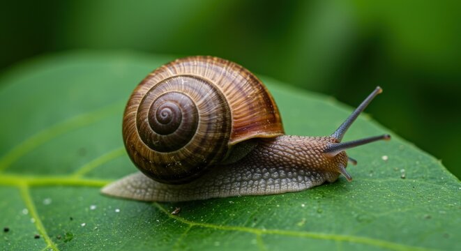 A snail on a green leaf with a spiral shell and tentacles - Powered by Adobe