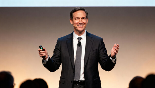 Business leadership concept. Confident male speaker on stage at a conference delivering a keynote presentation. Corporate coaching, public speaking, and professional development.