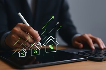 Business professional analyzing real estate trends with AI-powered tablet – concept of property investment, housing market growth, and mortgage analytics
