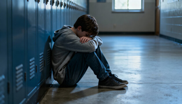 Sad boy sits alone on school floor. Concept for student depression, anxiety, and mental health issues. Youth loneliness, stress from bullying, isolation and despair. Social problem. - Powered by Adobe