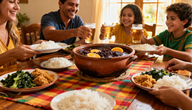 Cheerful Brazilian family enjoying a traditional feijoada lunch together at home. Authentic South American cuisine concept with happy people eating, celebrating and toasting.