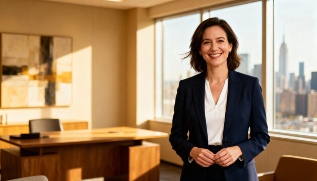 Successful mid-adult businesswoman portrait. Cheerful female executive, CEO, or lawyer smiling in modern office. Confident corporate leader in New York City with skyline view.