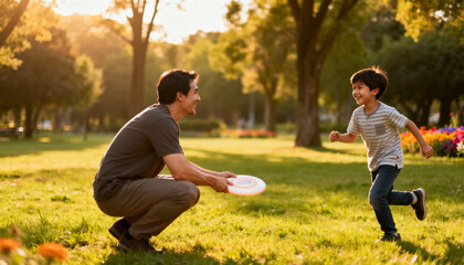 Father and son playing frisbee in the park at sunset. Happy family bonding, outdoor activity. Cheerful child running towards dad. Summer lifestyle, parenthood, childhood joy.