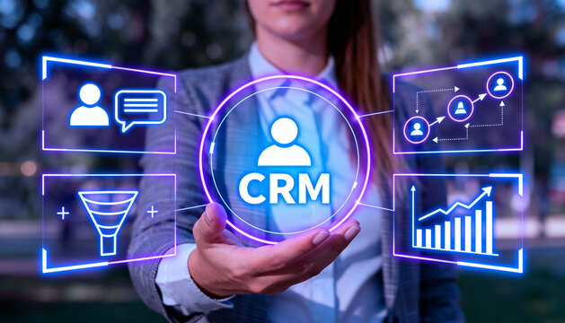 Business woman presenting customer relationship management CRM digital interface with social network icons, sales funnel, data analysis and user connections for marketing and growth strategy