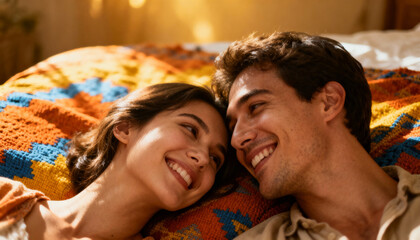 Young happy couple sharing a joyful and intimate moment together lying on a colorful vibrant crochet blanket, smiling and looking into each other's eyes, warm cozy lighting