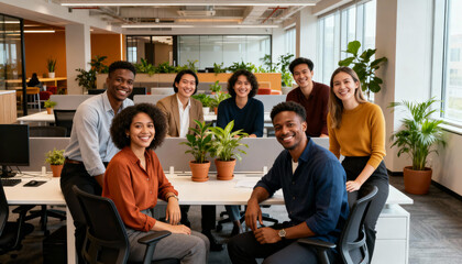 Diverse multiethnic young professionals smiling in modern open plan office, teamwork collaboration, business meeting, positive work environment, corporate group portrait