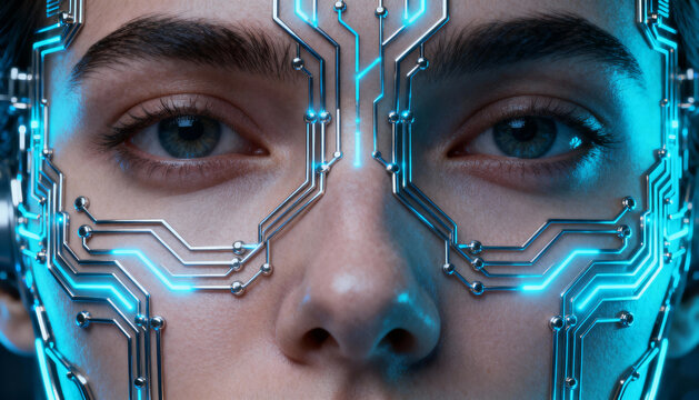 Close-up of human face with futuristic glowing circuit board design, AI technology concept, digital deepfake visualization, cybernetic enhancement, technology and human integration