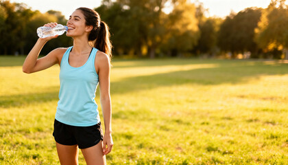 Happy sportswoman drinking water outdoors, fitness woman on a hydration break. Summer exercise in a sunlit park. Athletic female, active lifestyle, healthy living, wellness concept.