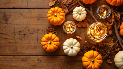 Halloween decor: mini pumpkins and fireflies.