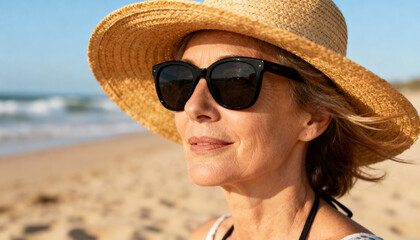 Happy mature woman on the beach wearing a straw hat and sunglasses. Concept for a serene retirement, summer vacation, senior travel, leisure, wellness, and sun protection.