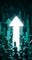 Fototapeta premium Bright white upward arrow surrounded by teal downward arrows, symbolizing success, growth, and standing out from the crowd