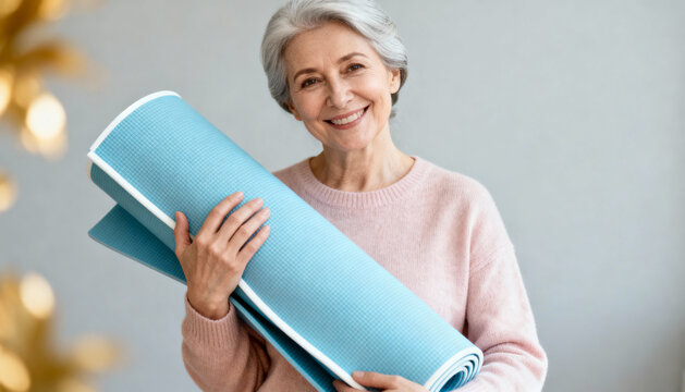 Happy senior woman holding rolled blue yoga mat smiling confidently, wellness and fitness lifestyle concept for active aging and healthy living indoors