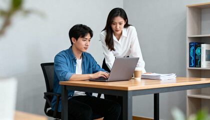 Young Asian male software designer working on laptop at modern office desk with female colleague discussing project, teamwork, technology, programming, collaboration, innovation, digital workspace