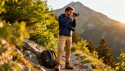 Male photographer and content creator on a mountain hike, capturing the scenic landscape during a beautiful golden hour sunset. Adventure, travel, and nature photography concept.