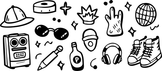 Hand drawn doodle icons featuring fashion music travel and fun objects