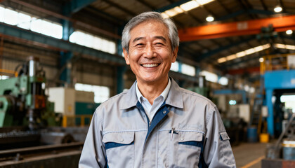 Fototapeta premium Portrait of a happy senior Asian engineer, a professional and experienced worker smiling confidently in a factory. Industrial technician or foreman in a heavy industry manufacturing plant.